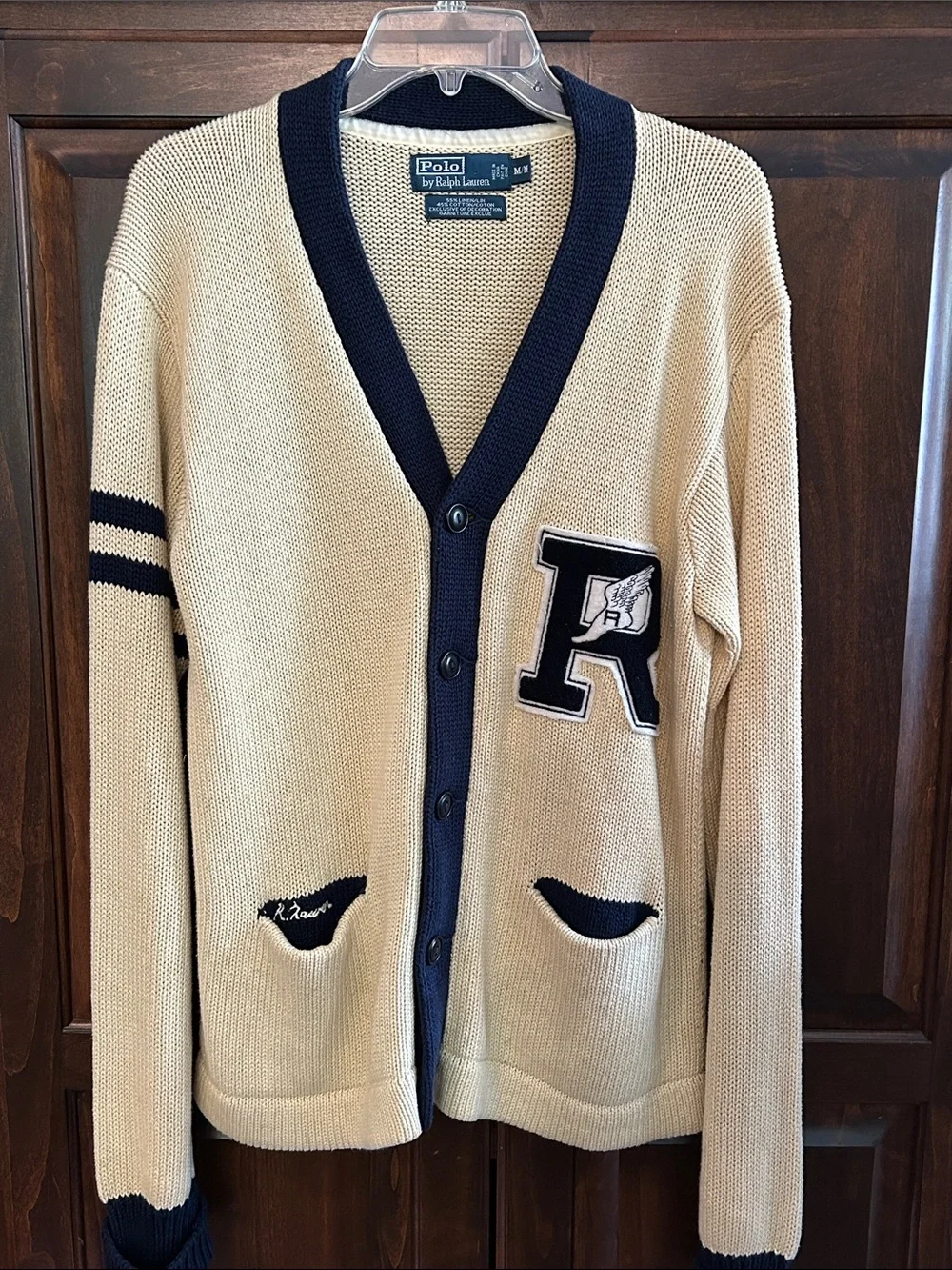 Polo by Ralph Lauren Men’s Sz M Beige and Navy Varsity Cardigan Sweater